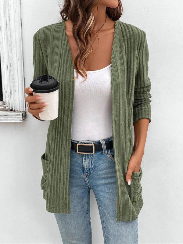 Women's Solid Pocket Ribbed Cardigan, Elegant Long Sleeve Open Front Knitwear for Fall & Winter,  Cardigan for Women, Fashion Women's Knit Clothing for Daily Wear