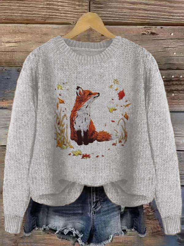 Women's Fox & Leaf Print Drop Shoulder Sweater, Casual Long Sleeve Round Neck Jumper for Fall & Winter, Fashion Ladies' Knitwear for Daily Wear