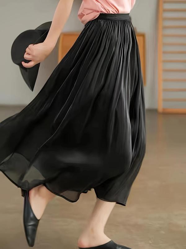 Women's Solid Pleated A Line Skirt, Elegant Fashion Long Skirt for Daily Outdoor Wear, Ladies Bottoms for All Seasons