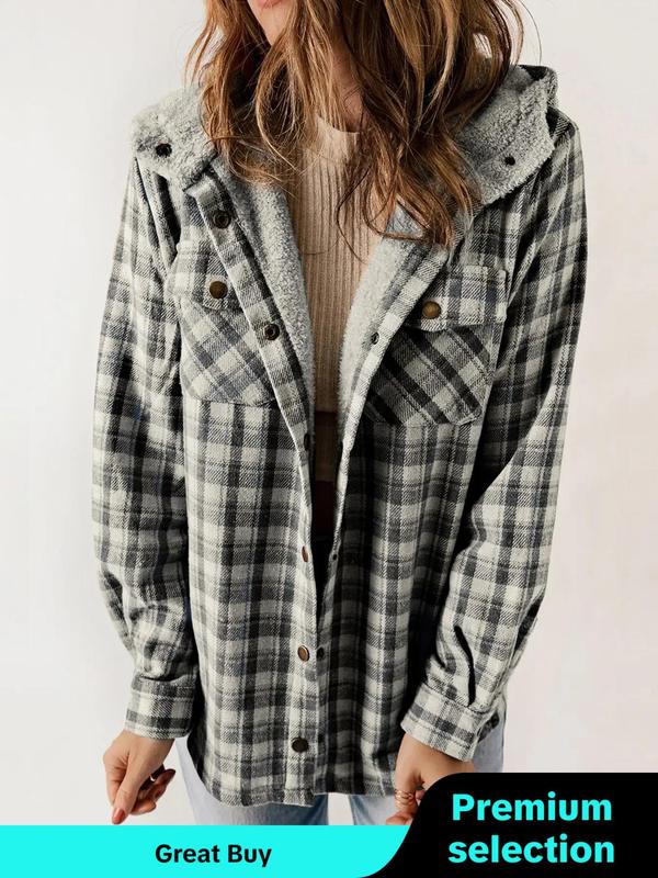 Women's Plaid Print Button Front Thermal Lined Hooded Coat, Fall Outfits, Casual Long Sleeve Pocket Outerwear for Winter, Ladies Clothes for Daily Wear