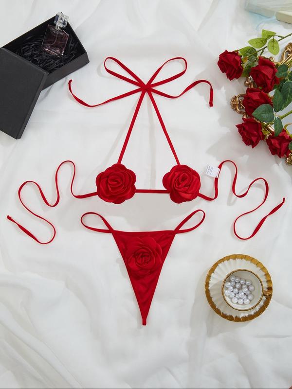 Two-Piece Set Women's Rose Decor Sexy Lingerie Set, Solid Color Tie Back Push Up Halter Bra & Thong Set, Lingerie Set for Women