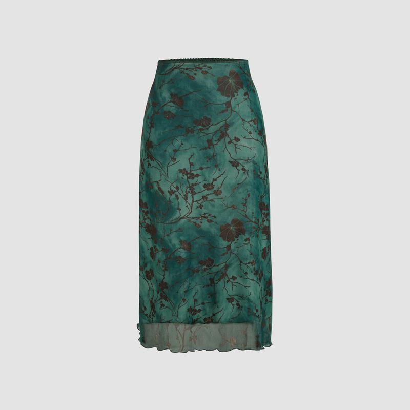 Cider [3 colors, size 0-26] High Waist Mesh Floral Midi Skirt