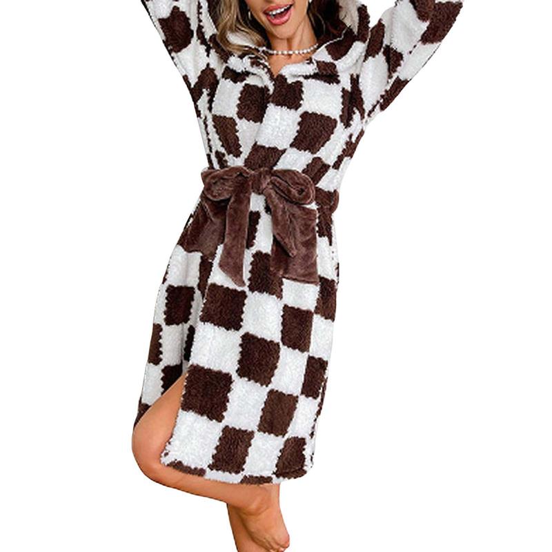 Women's Fleece Hooded Robe Plaid Long Sleeve Tie-Up Waist Plush Nightwear with Pockets for Winter Fall, Ladies Clothes for Indoor Outdoor Wear, Ladies Clothes for Daily Wear