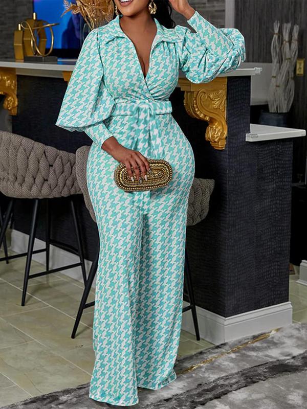 Women's Houndstooth Print Belted Wide Leg Jumpsuit, Elegant Bishop Sleeve V Neck Jumpsuit for Daily Wear, Ladies Clothes for All Seasons, Winter Clothes Women, Jumpsuits for Women