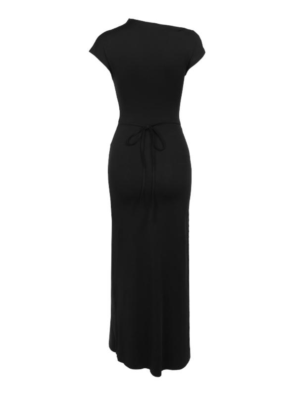 Women's Twist Ruched Split Thigh Bodycon Dress, Elegant Asymmetrical Neck Drop Shoulder Long Dress for Evening Party, Ladies Clothes for All Seasons