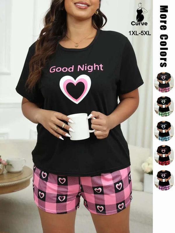 Two Six Pieces Plus Size Heart & Plaid Print Pajama Set, Casual Round Neck Short Sleeve T-shirt & Shorts Pj Set, Summer Sleepwear & Loungewear, Plus Size Women's Clothing, Women's Nightwear, Summer Wear 2024