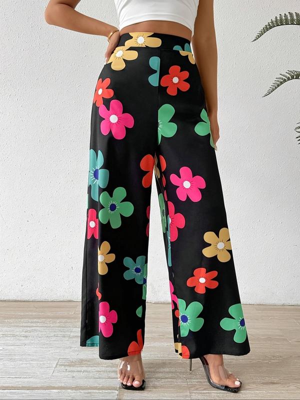 Women's Floral Print Elastic Waist Wide Leg Pants, Casual Comfy Trousers for Spring & Fall, Women's Bottoms for Daily Wear