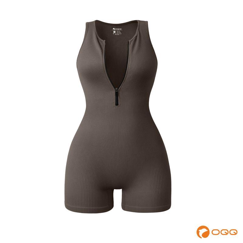 OQQfitness Womenswear Sexy Ribbed Soft Zip Front Sleeveless Simple Underwear Bodysuits