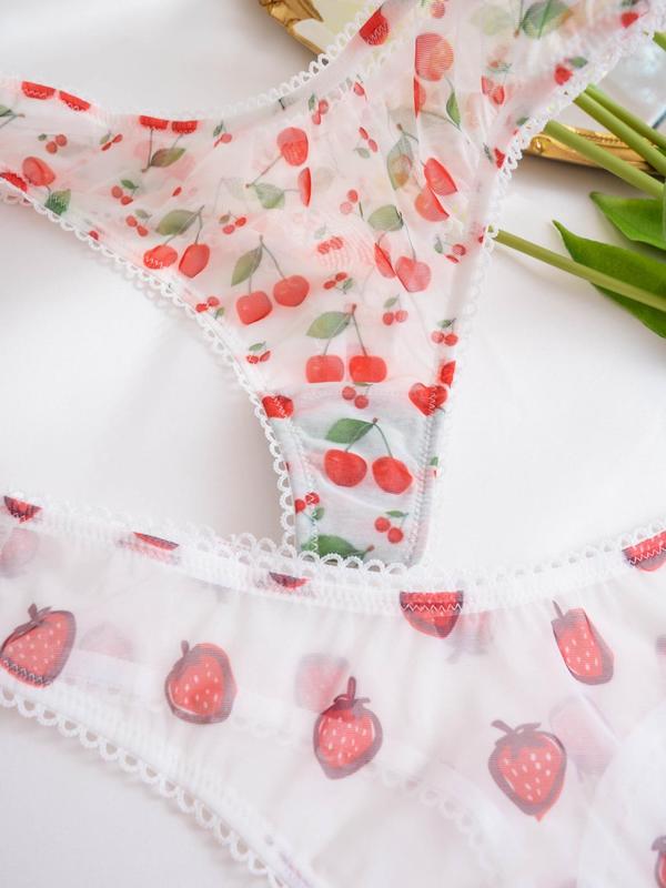 Women's Floral & Strawberry & Cherry Print Sheer Tulle Thongs, Cute Soft Comfy Breathable Knicker for Daily Wear, Ladies Underwear for All Seasons