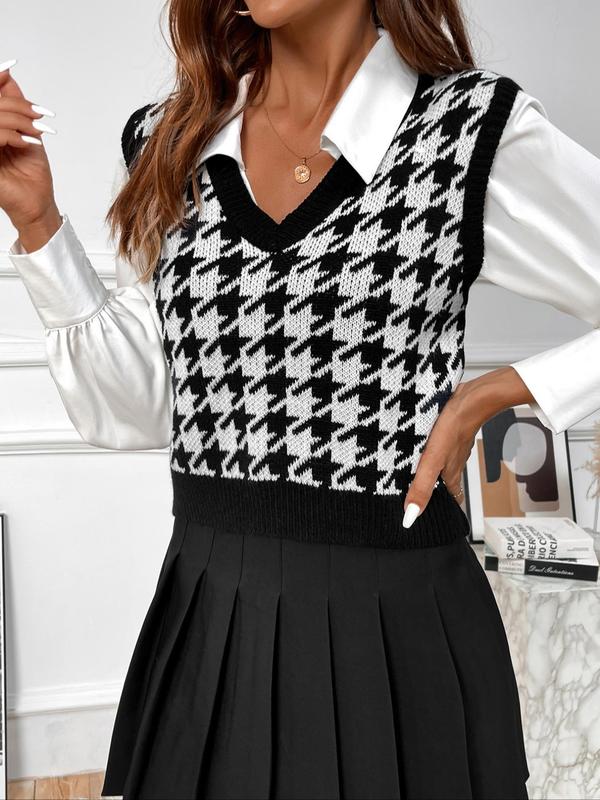 Women's Houndstooth Print V Neck Sweater Vest, Casual Sleeveless Knit Top for Fall & Winter, Women's Knitwear for Daily Wear