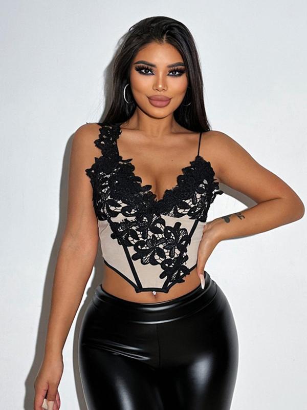 Women's Asymmetrical Contrast Lace Crop Cami Top, Solid Corset Spaghetti Strap Top for Party Club Dating, Ladies Clothes for All Seasons