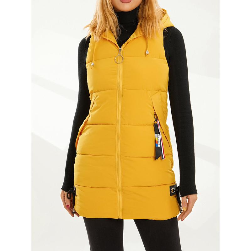 Women Down Jacket Waistcoat Solid Color Drawstring Hooded Sleeveless Zipper-Up Vests Autumn Winter Casual Warm Outerwear Womenswear Check