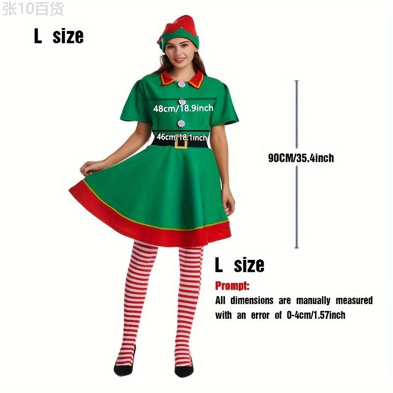 Women's 4PCS Christmas Elf Costume Set - Polyester Elf Dress, Hat, Belt, Striped Stockings for Holiday Parties & Halloween - Universal Adult Novelty Outfit without Feathers, No Electricity Required Womenswear Clothing Comfort Fitted