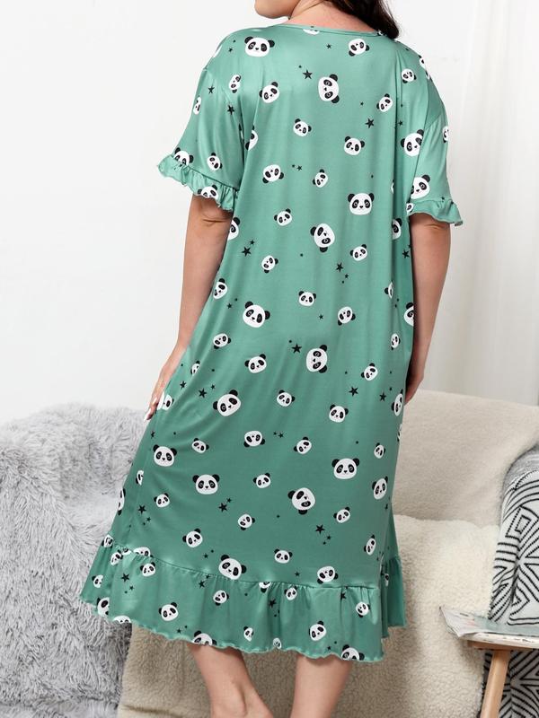 Plus Size All Over Print Ruffle Hem Nightdress, Casual Flounce Sleeve Round Neck Nightgown, Summer Clothes Women, Lady Summer Homewear