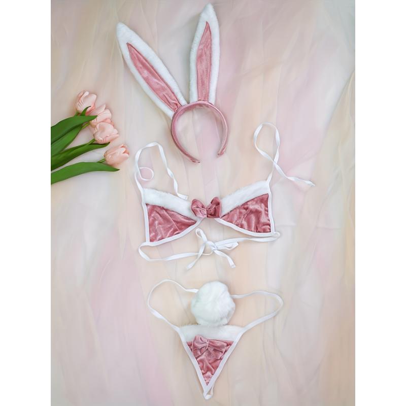 Women's Sexy Skimpy Bunny Lingerie Costume with Temptation Bowknot and Lace-Up Role-Play Outfit