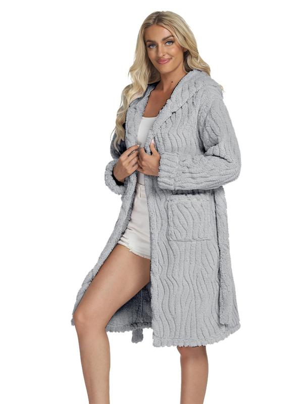 Women's Solid Belted Hooded Lounge Robe, Casual Long Sleeve Pocket Design Thickened Robe for Fall & Winter, Women's Loungewear for Indoor Wear