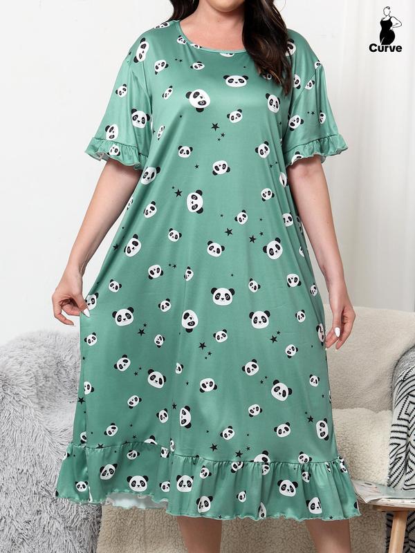 Plus Size All Over Print Ruffle Hem Nightdress, Casual Flounce Sleeve Round Neck Nightgown, Summer Clothes Women, Lady Summer Homewear