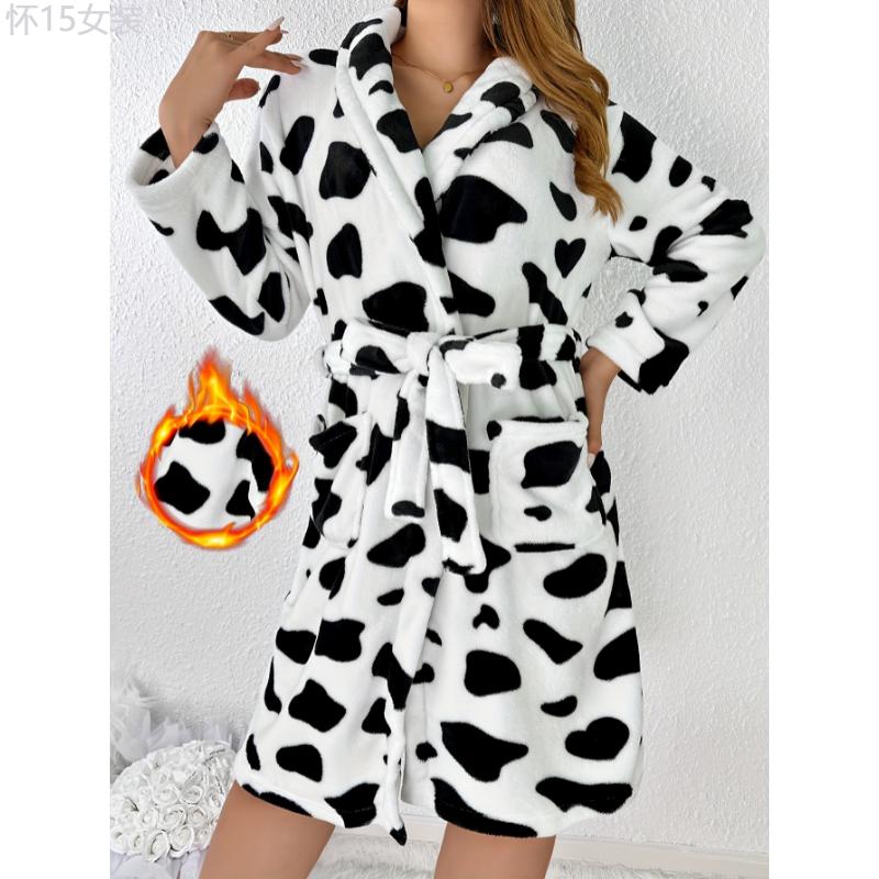 Women's Cozy Cow Print Thickened Long Sleeve Fleece Robe, Warm Bathrobe for Fall & Winter, Ladies Homewear Sleepwear Collar Fabric