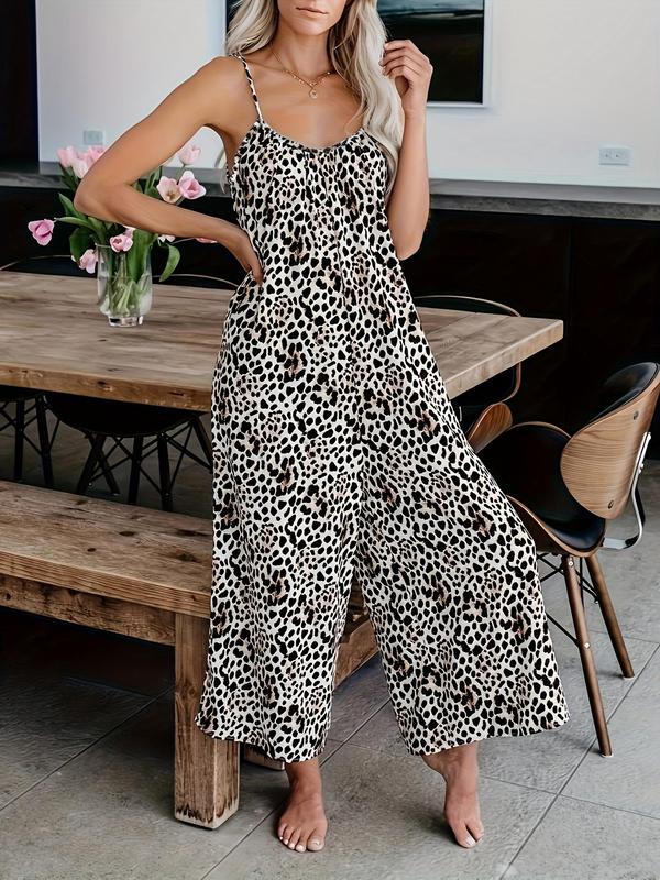 Women's Tie Dye Leopard Print Pocket Backless Cami Jumpsuit, Casual Adjustable Strap Ruched Wide Leg Jumpsuit, Spaghetti Strap One-Piece Outfits, Ladies Summer Clothes for Beach Vacation Back To School