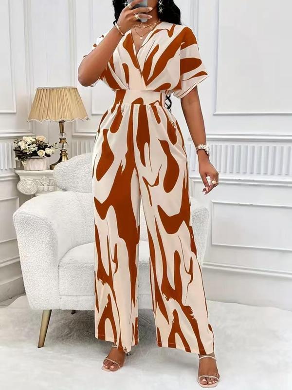 Women's All Over Print Batwing Sleeve Shirred Wide Leg Jumpsuit, Casual V Neck Short Sleeve Jumpsuit for Daily Wear, Ladies Clothes for All Seasons, Jumpsuits for Women