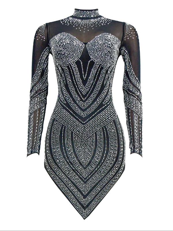 Women's Rhinestone Decor Sheer Tulle Bodycon Dress, Elegant Zipper Back High Low Hem Long Sleeve Short Dress for Party Club Dating Wear, Women's Clothing for Fall