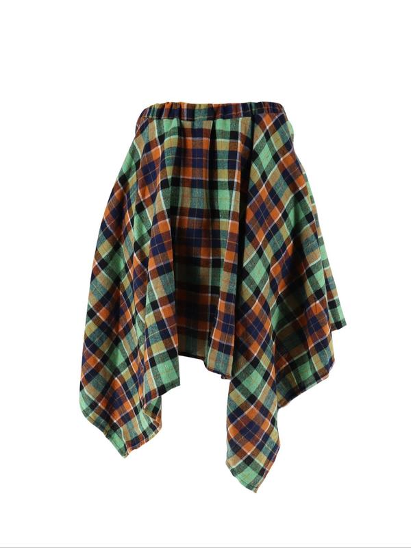 Women's Plaid Print Asymmetrical Hem Skirt, Casual Fashion Tie Front A Line Skirt for Daily Wear, Ladies Fall Clothes, Experimental Outfits, Preppy 80s Clothes Tweed Skirt