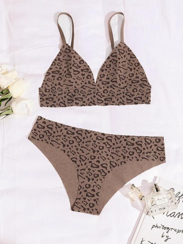 Women's 2pcs Leopard Print Push Up Bra & Panty Set, Seamless Wireless Bralette & High Waist Knicker, Soft Comfy Lingerie Set For Women