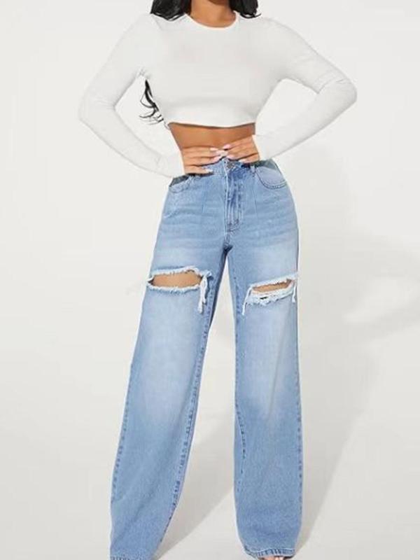 Women's Denim-Effect Print Ripped Wide Leg Pants, Casual Pocket Button Fly Trousers for Daily Wear, Ladies Bottoms for All Seasons