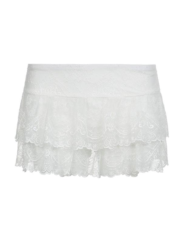 Women's Solid Contrast Floral Lace Sheer Tiered Layer Skirt without Belt, Y2k Fashion Casual Mini Skirt for Daily Outdoor Wear, Ladies Bottoms for Summer