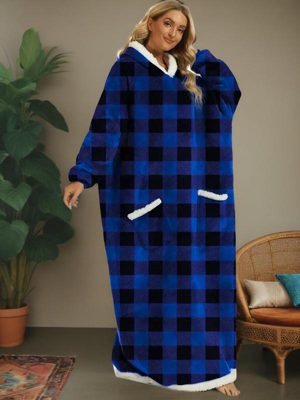 Christmas Women's Plaid Print Drop Shoulder Hooded Lounge Robe, Casual Long Sleeve Pocket Design Lounge Dress for Fall & Winter, Ladies Sleepwear for Indoor Wear