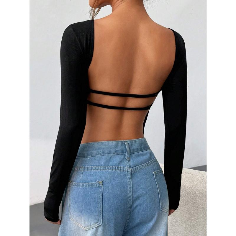 Black Knitted Open Back Women's T-Shirt alara  brazil crop top loewe  tank top bozzolo  crop tops