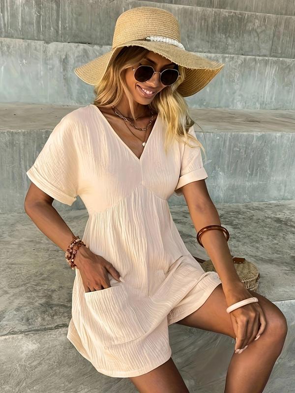 Women's Plain Batwing Sleeve Wide Leg Romper, Casual V Neck Pocket Design Romper for Summer, Ladies Clothes for Daily Wear