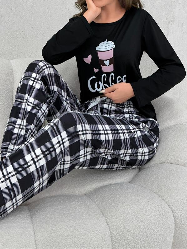 Two-Piece Set Women's Coffee Print Pajama Set, Casual Long Sleeve Tee & Bow Decor Pants for Daily Home Wear, Women's Sleepwear & Loungewear Set for Spring & Fall