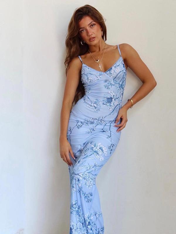 Women's Floral Print Mermaid Vintage Cami Bodycon Dress, Boho Spaghetti Strap Maxi Sundress, Summer Clothes for Ladies, Back To School Dresses, Homecoming Dresses, Summer Dresses for Beach Holiday Vacation, Birthday Dress for Women