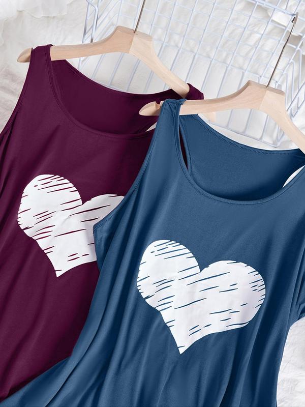  Heart Print Tank Nightdress, Casual Soft Comfortable Scoop Neck Sleeveless Nightgown for Women, Women's Sleepwear for All Seasons