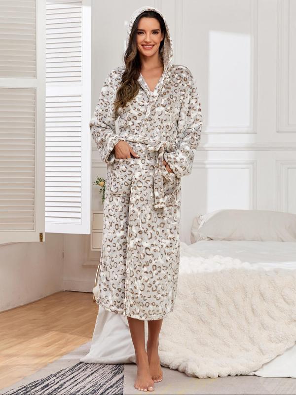 Women's Leopard Print Belted Hooded Flannel Lounge Robe, Casual Long Sleeve Pocket Design Bathrobe, Ladies Sleepwear for Fall & Winter