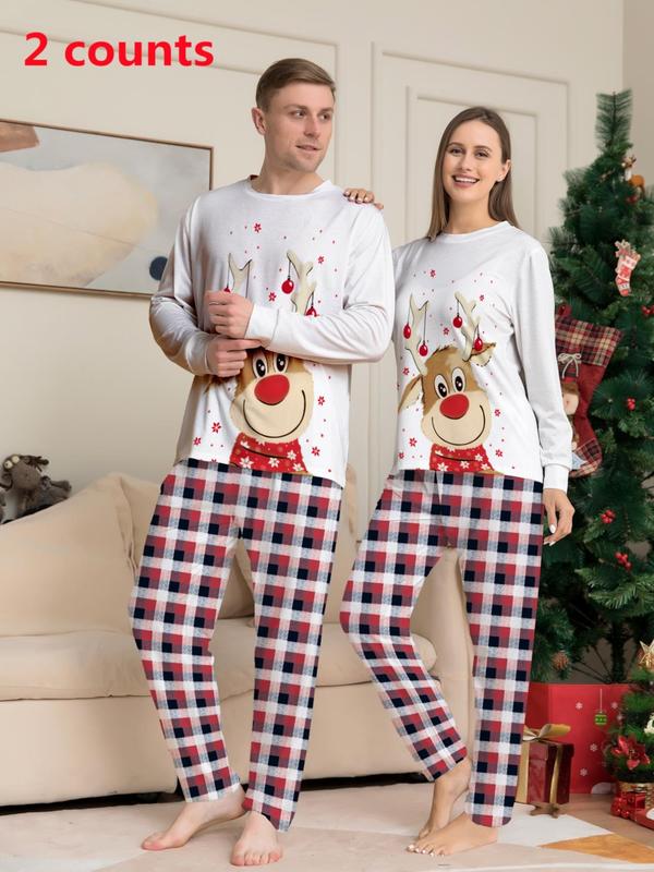 Couple's Christmas Themed Print Pajama Two-piece Set, Casual Comfy Long Sleeve Top & Elastic Waist Pants PJ Set, Men's Sleepwear for Spring & Fall