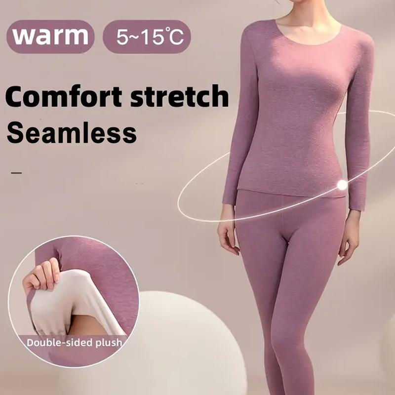 Women's Seamless Thermal Underwear Set, Soft & Stretchy Long Sleeve Crew Neck Tops & Pants, Warm Loungewear for Cold Weather, Indoor Comfort