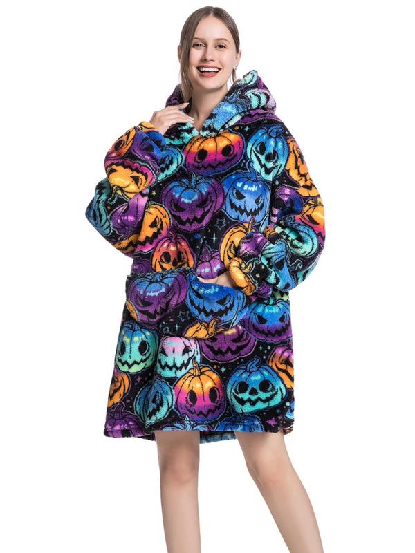 Women's Print Drop Shoulder Hooded Flannel Robe, Casual Long Sleeve Pocket Design Halloween Hooded Robe, Ladies Fall & Winter Sleepwear