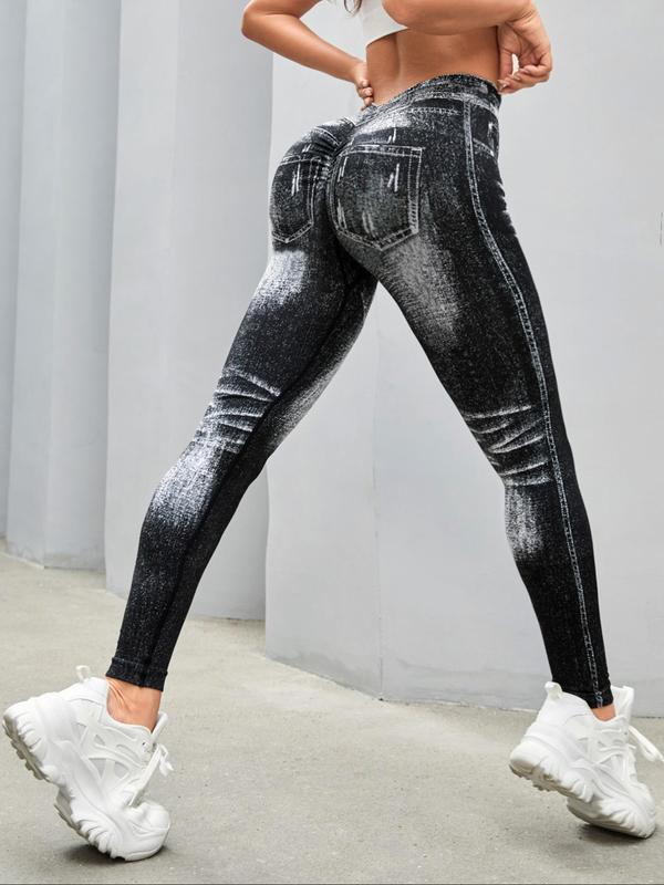 Women's Denim-effect Print High Waist Sports Leggings, Gym Clothing, Fall Outfits, Casual Sporty Comfy Breathable Skinny Pants for Yoga Gym Workout Running, Ladies Sportswear for Fall, Fall Outfits 2024, Fallfreshness, Leggings for Women, Gym Clothes