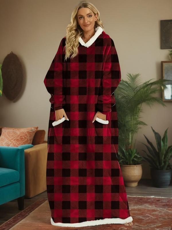 Christmas Women's Plaid Print Drop Shoulder Hooded Lounge Robe, Casual Long Sleeve Pocket Design Lounge Dress for Fall & Winter, Ladies Sleepwear for Indoor Wear