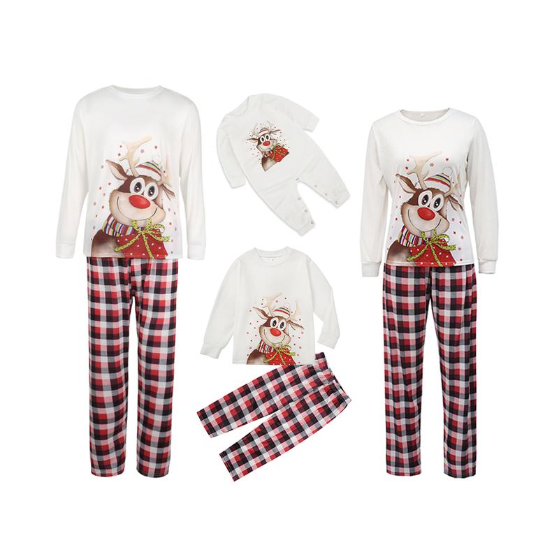 Matching Christmas Pajamas For Family, Elk Print O-Neck Long Sleeve Tops+ Plaid Long Pants for Kids Adults