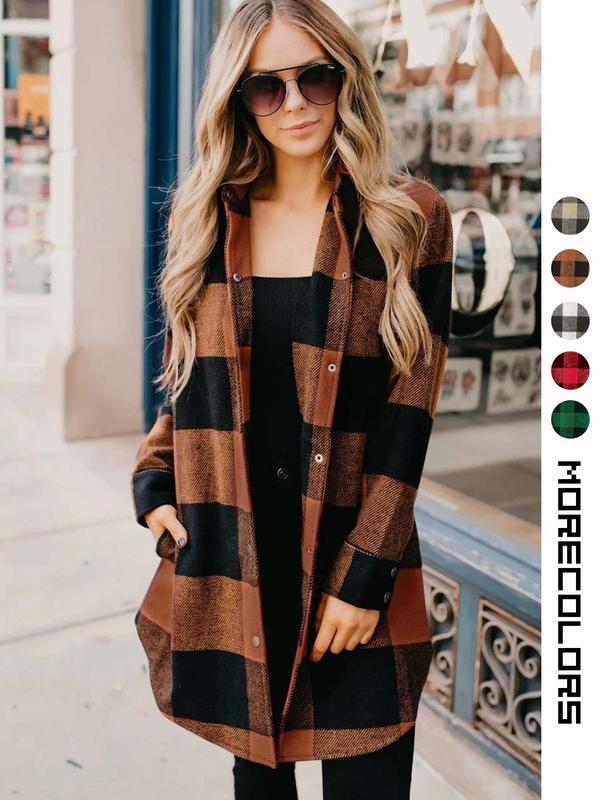 Women's Plaid Print Button Front Overcoat, Casual Long Sleeve Pocket Woolen Coat for Fall & Winter, Ladies Clothes for Daily Wear