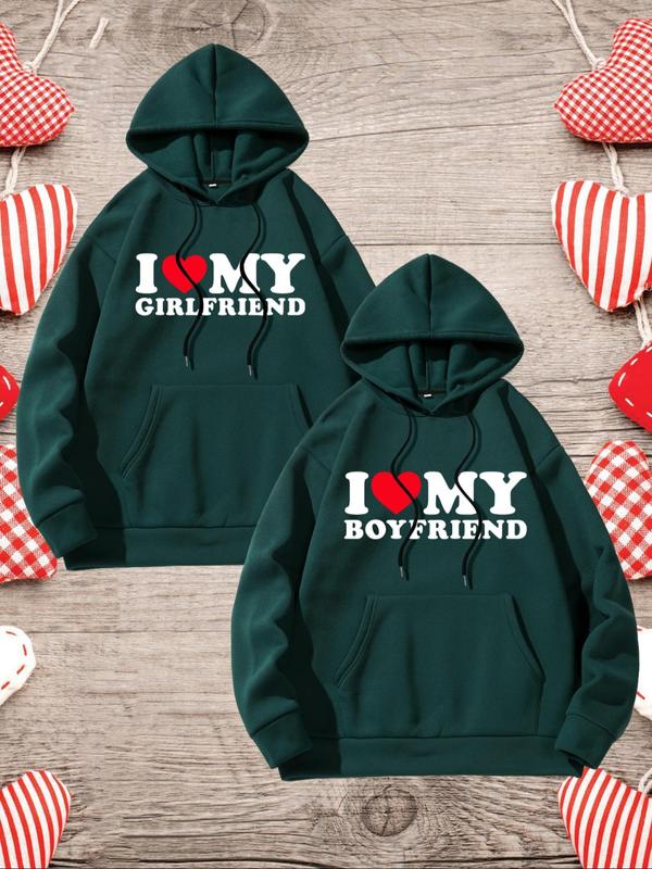 Couple's Heart & Letter Print Drop Shoulder Hoodie, Casual Drawstring Pocket Hooded Sweatshirt, 2024 Trendy Couple Clothing for Fall & Winter