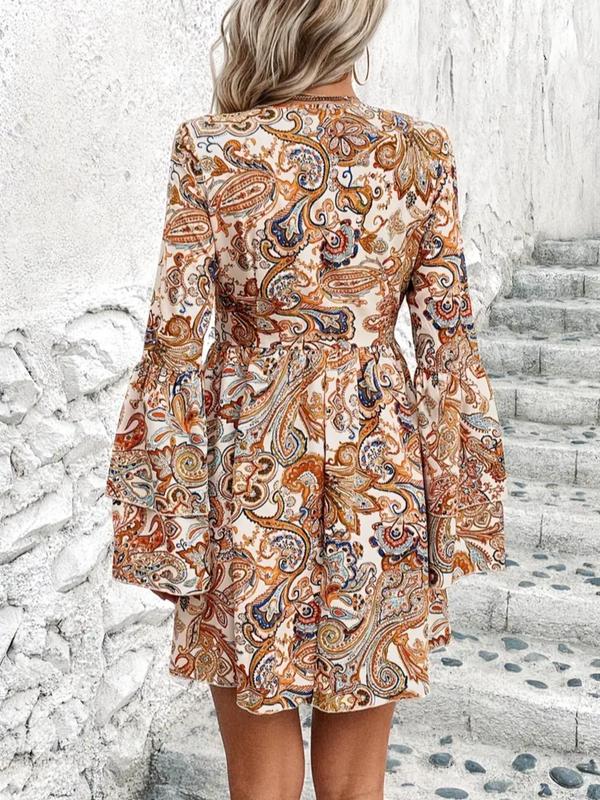 Women's Paisley Print Long Sleeve A Line Vintage Dress, Boho Layered Trumpet Sleeve Dress for Fall & Winter, Fall Dresses, Please Purchase A Size Up