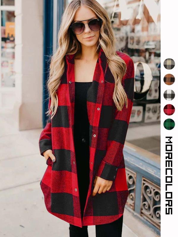 Women's Plaid Print Button Front Overcoat, Casual Long Sleeve Pocket Woolen Coat for Fall & Winter, Ladies Clothes for Daily Wear