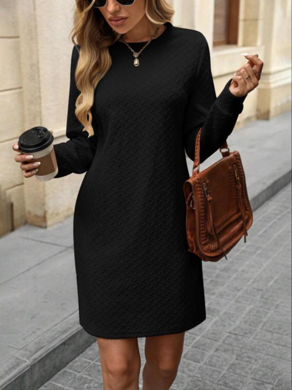 Women's Plain Round Neck Long Sleeve Dress, Casual Fashion Crew Neck Short Dress for Daily Outdoor Wear, Women Dress for Fall & Winter