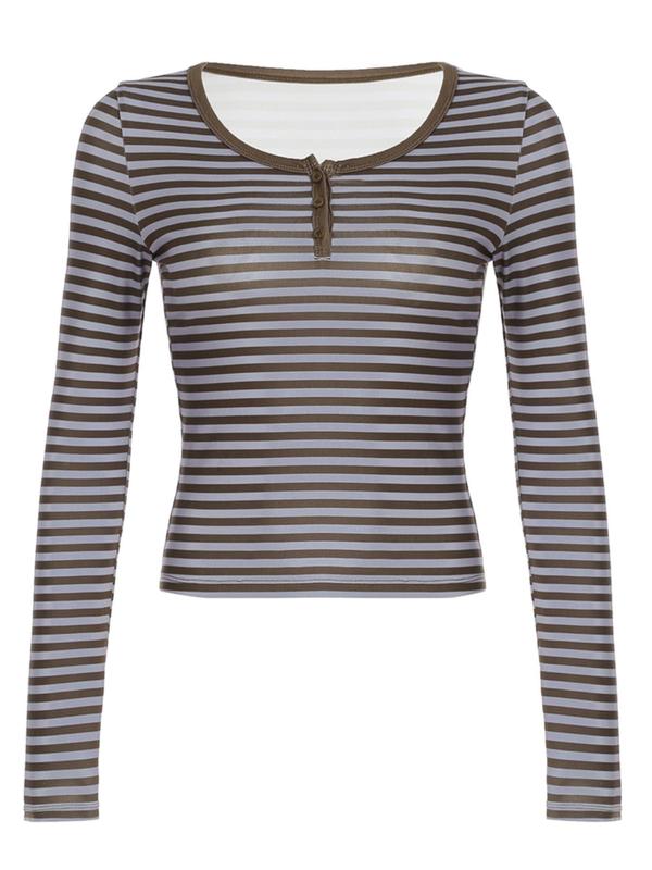 Women's Striped Print Button Front Half Placket Tee, Casual Long Sleeve Round Neck T-Shirt for Fall & Winter, Women's Top for Daily Wear