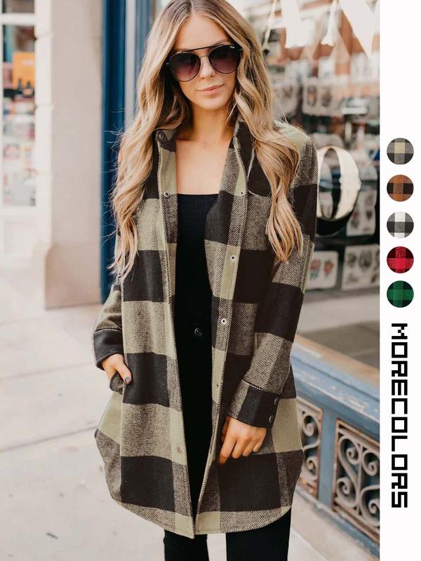 Women's Plaid Print Button Front Overcoat, Casual Long Sleeve Pocket Woolen Coat for Fall & Winter, Ladies Clothes for Daily Wear