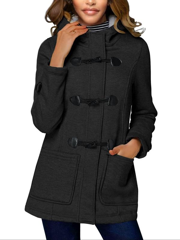 Women's Solid Button Front Flannelette Hooded Coat, Fall Outfits, Fallfreshness Casual Long Sleeve Pocket Outerwear for Winter, Ladies Clothes for Daily Wear Winter Clothes Women